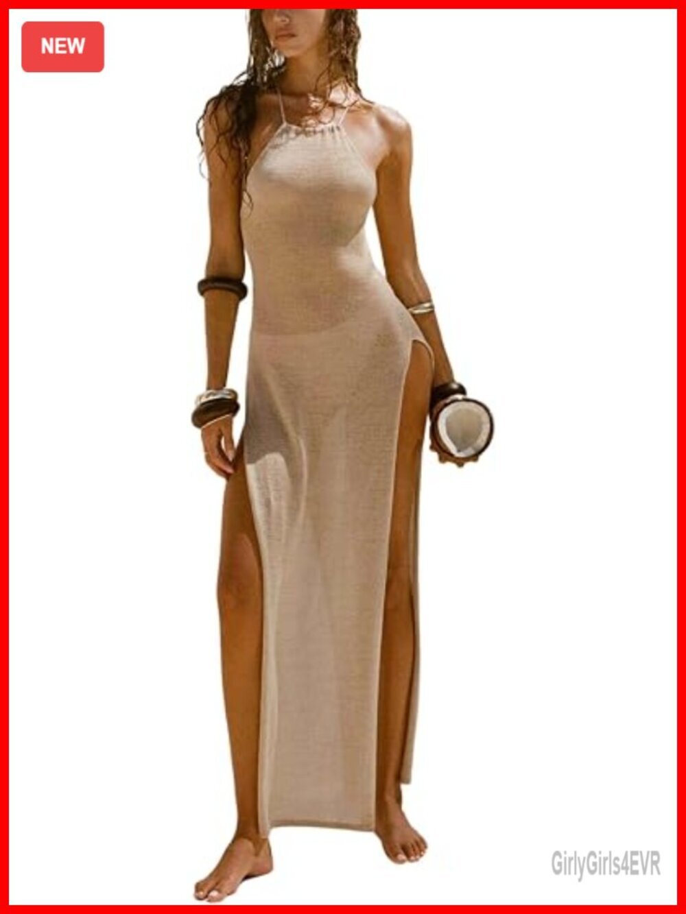 Women's Crochet Knit Backless High Slit Maxi Beach Cover Up Dress